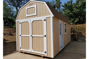 Tan 10x20 ft lofted barn shed with white trim