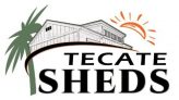 Tecate Sheds logo: a stylized shed atop a curved line, with a palm tree on the left and a sun on the right, and the words TECATE SHEDS.
