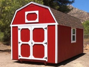 Red 10x20 ft lofted barn shed with white trim