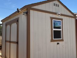 Small beige storage shed with brown trim, a window and double doors, under a clear blue sky.