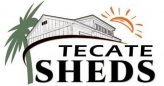 Tecate Sheds logo: a stylized shed atop a curved line, with a palm tree on the left and a sun on the right, and the words TECATE SHEDS.