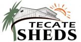 Tecate Sheds logo: a stylized shed atop a curved line, with a palm tree on the left and a sun on the right, and the words TECATE SHEDS.