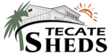 Tecate Sheds logo featuring a white building silhouette with a green palm and orange sun above the arch.