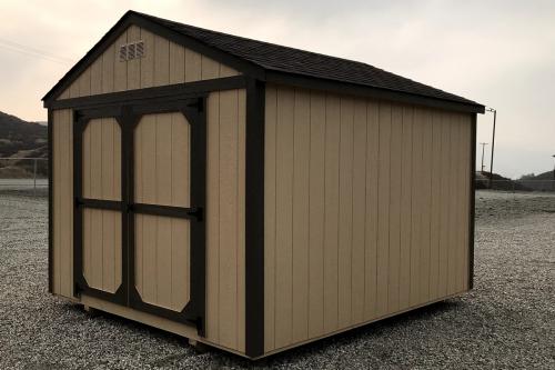 8x12-Tan utility shed with brown trim